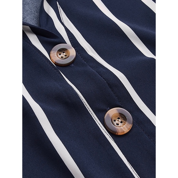 Navy Blue Striped Knot Sleeve Belted Shirt Dress - Picture 5 of 11